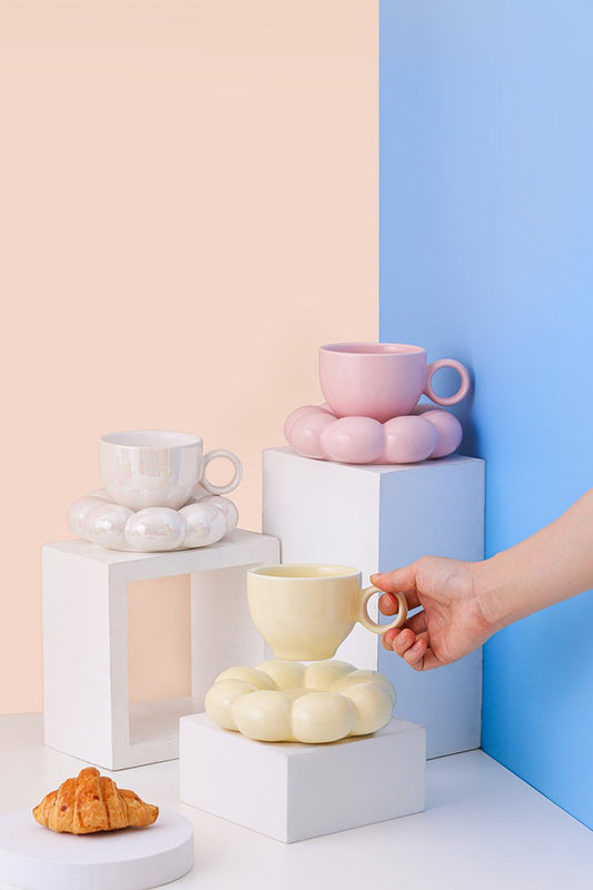 Set Taza Minimalista + Plato Burbuja Macaron 200 ml.